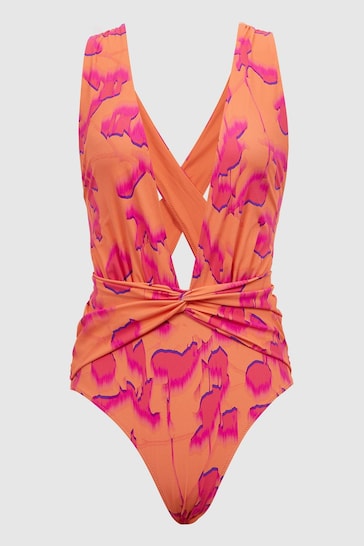 Reiss Orange Beatrix Printed Plunge Neck Swimsuit