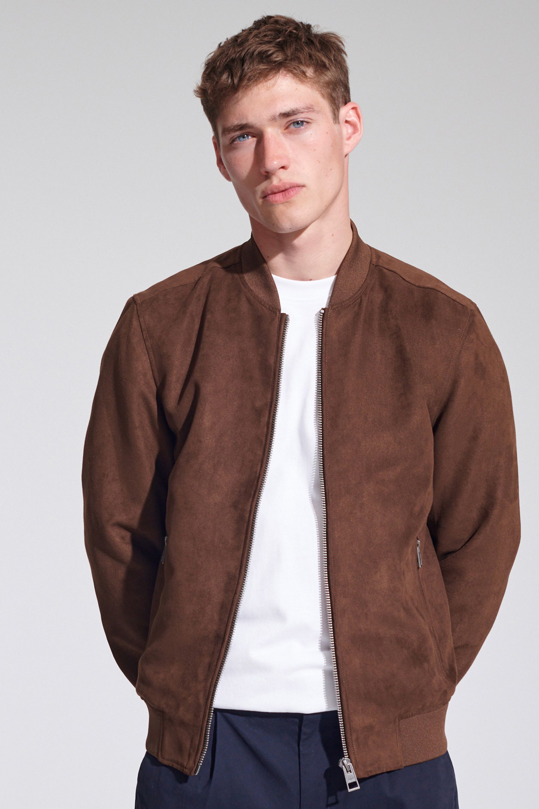 Men faux suede ribbed bomber jacket deals