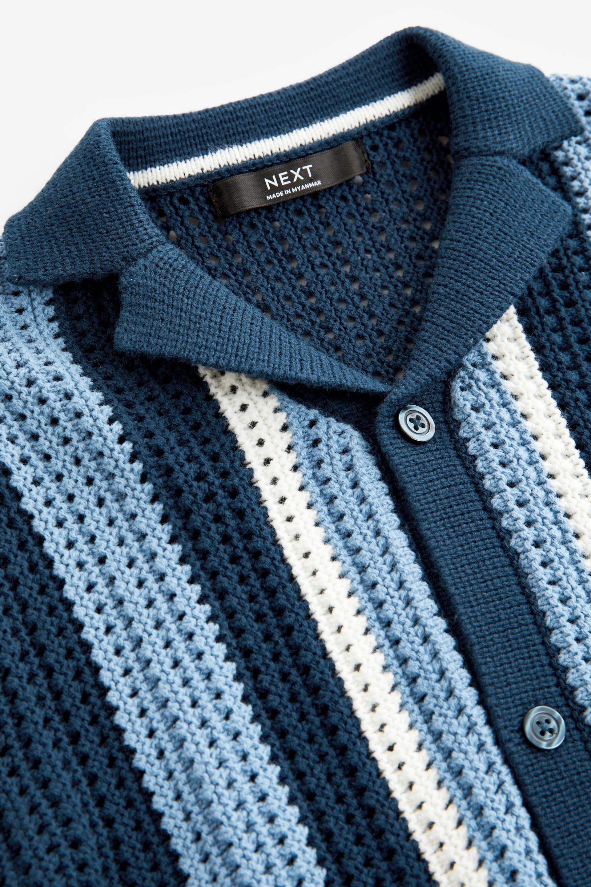 Blue Crochet Stripe Short Sleeved Polo Shirt (3-16yrs) - Image 3 of 7