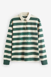 Green/Ecru White Long Sleeve Stripe Graphic Button Down Rugby Polo Shirt - Image 5 of 6