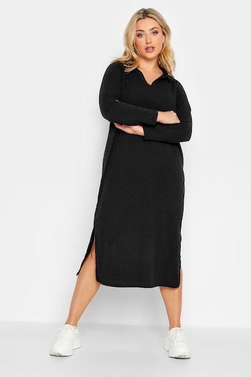 Yours Curve Black Ribbed Collar Dress