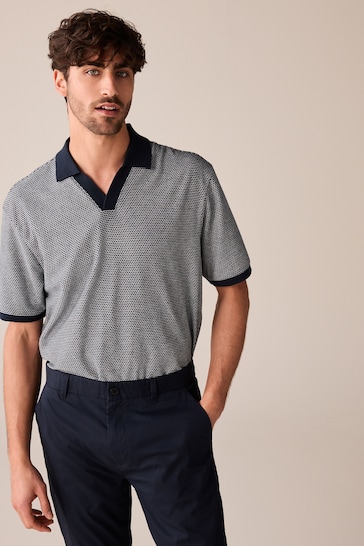 Navy Cuban Collar Textured Short Sleeve Polo Shirt