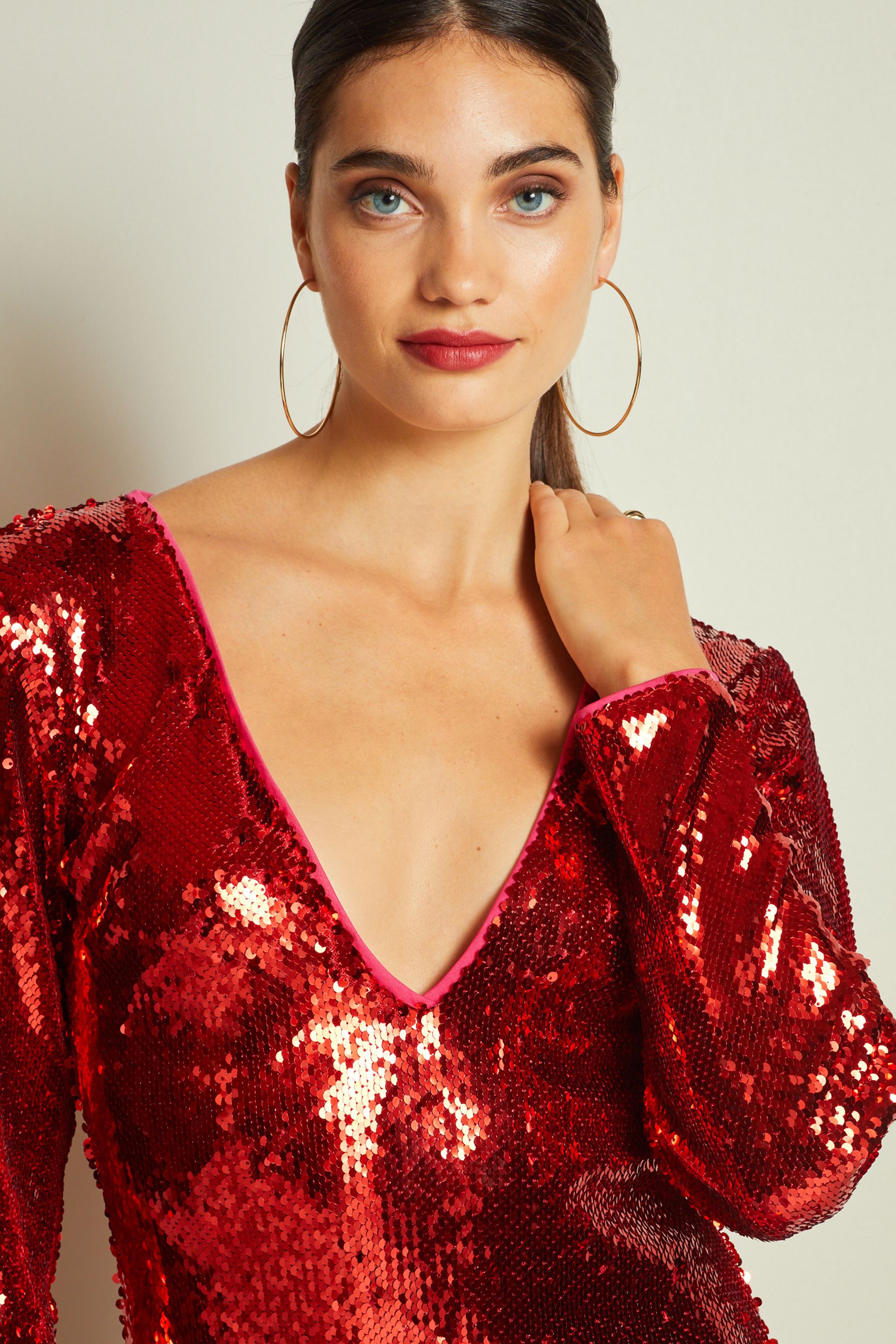 Buy Red Long Sleeve Plunge Neck Sequin Maxi Dress from Next Luxembourg
