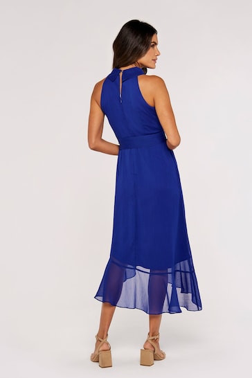 Apricot Blue Airy Folded Neck Ruffle Midi Dress