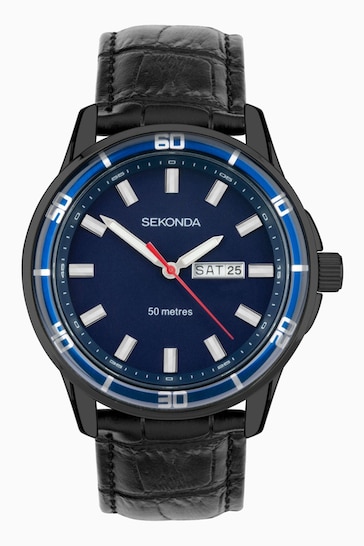 Sekonda Mens Midnight 44mm Analogue Black Watch With Case And Leather Upper Strap With Dark Blue Dial