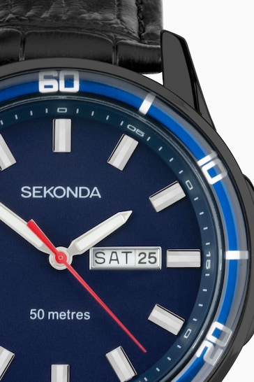 Sekonda Mens Midnight 44mm Analogue Black Watch With Case And Leather Upper Strap With Dark Blue Dial