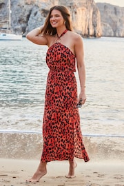 Sosandar Red Leopard Print Halter Neck Sunshine Dress - Image 1 of 5