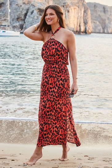 Sosandar Red Leopard Print Halter Neck Sunshine Dress