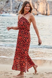 Sosandar Red Leopard Print Halter Neck Sunshine Dress - Image 3 of 5