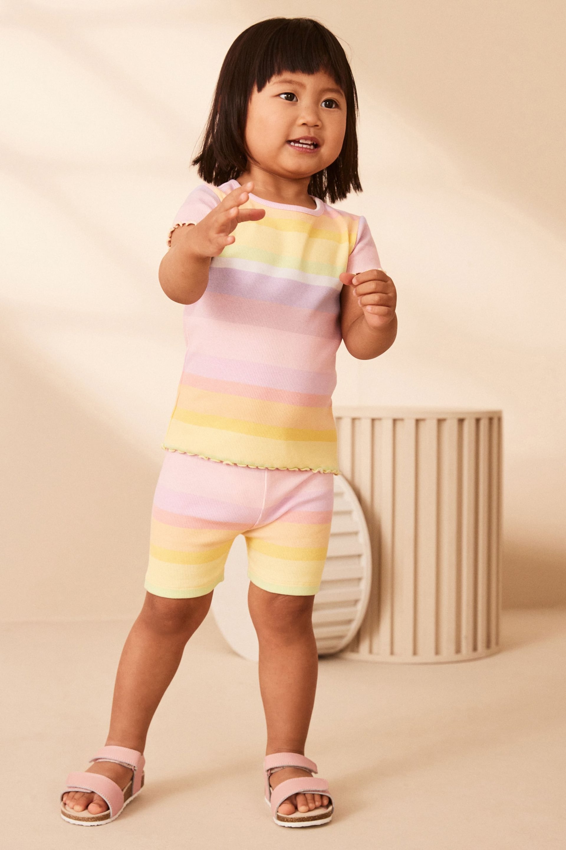 Rainbow Ribbed Short Sleeve T-Shirt and Cycle Shorts Set (3mths-7yrs) - Image 1 of 5