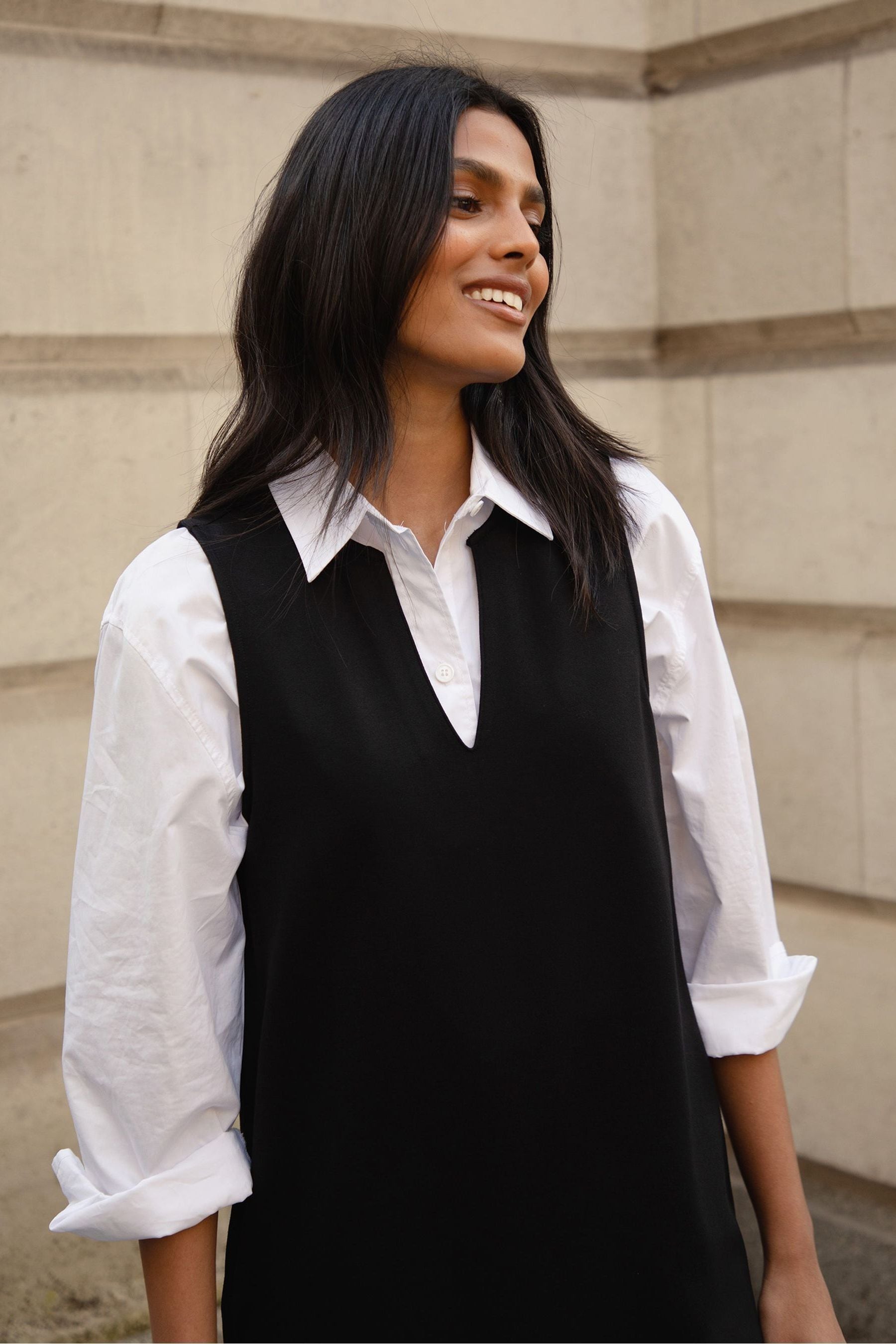 Threadbare Black V Neck Pleated Hem Ponte Pinafore Dress