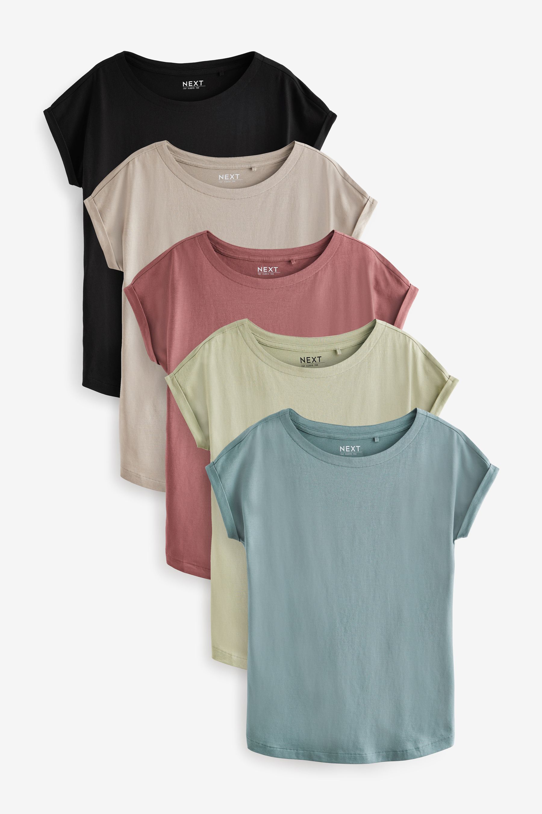 Buy Black Brown Blue Green Pink Cap Sleeve 100 Cotton T Shirts 5 Pack from the Next UK online shop