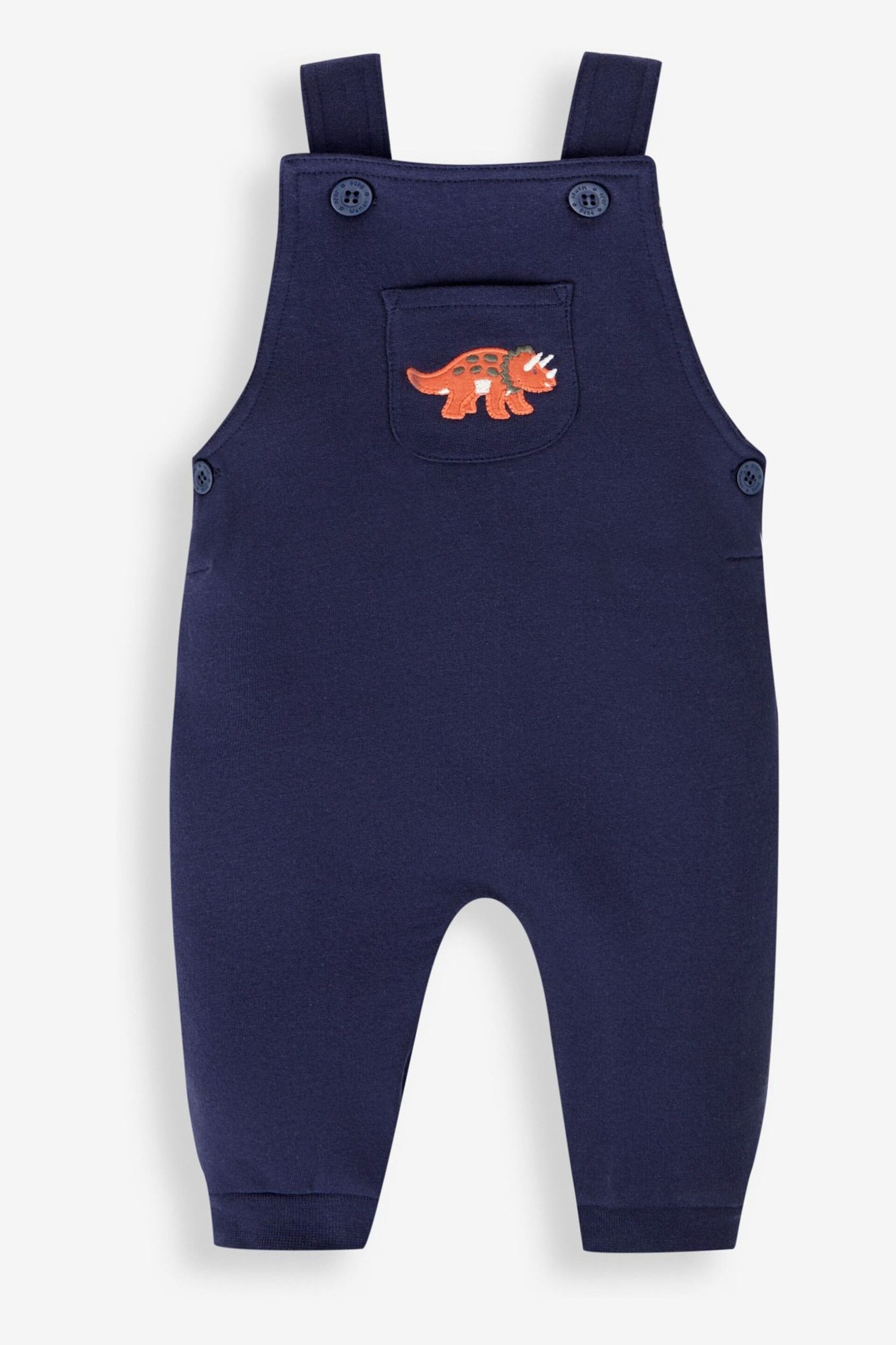 JoJo Maman Bébé Navy Blue Triceratops Boys' Dino Appliqué Dungarees & Stripe Top Set - Image 5 of 9