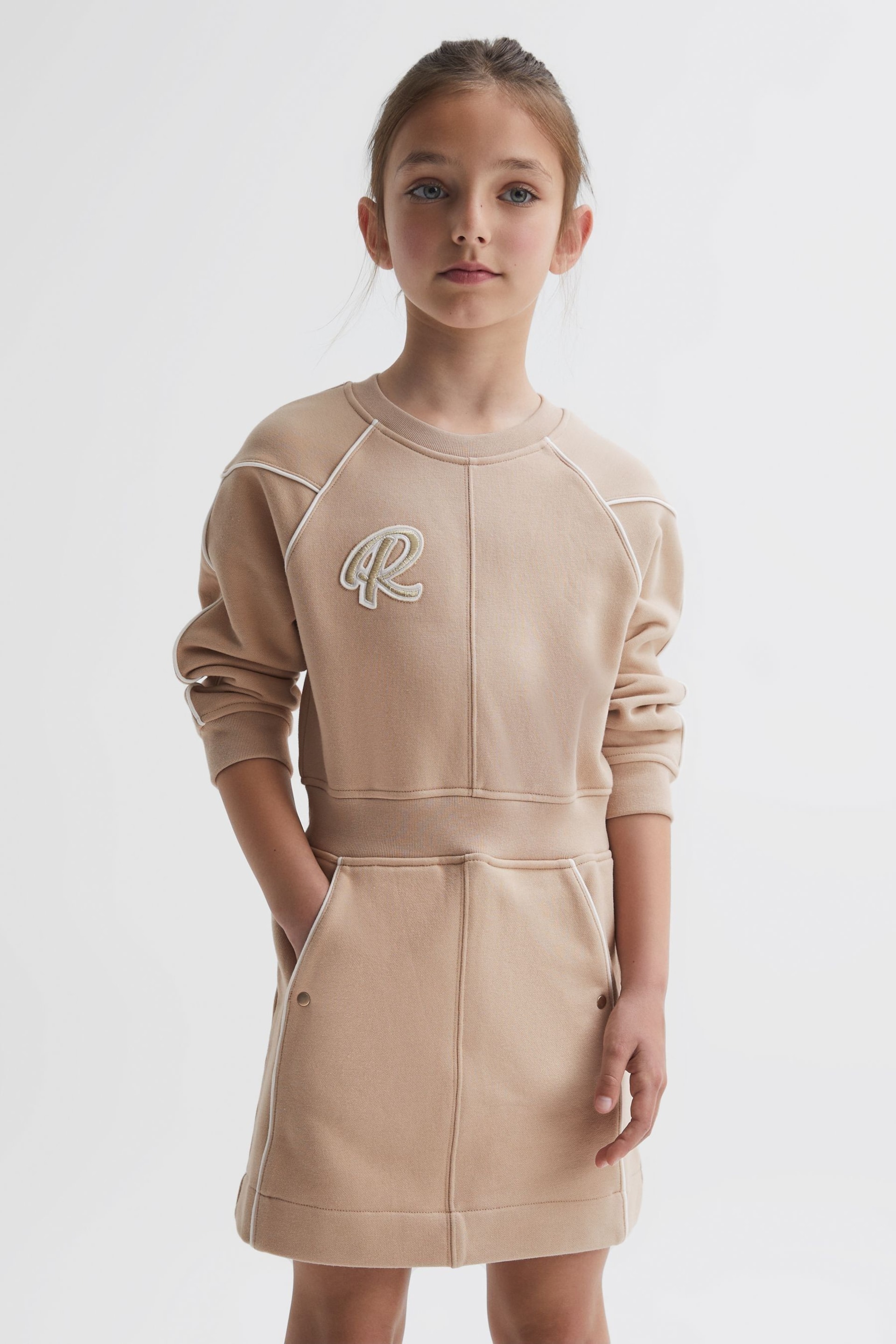 Reiss Camel Jona Junior Embroidered Jersey Dress - Image 1 of 5