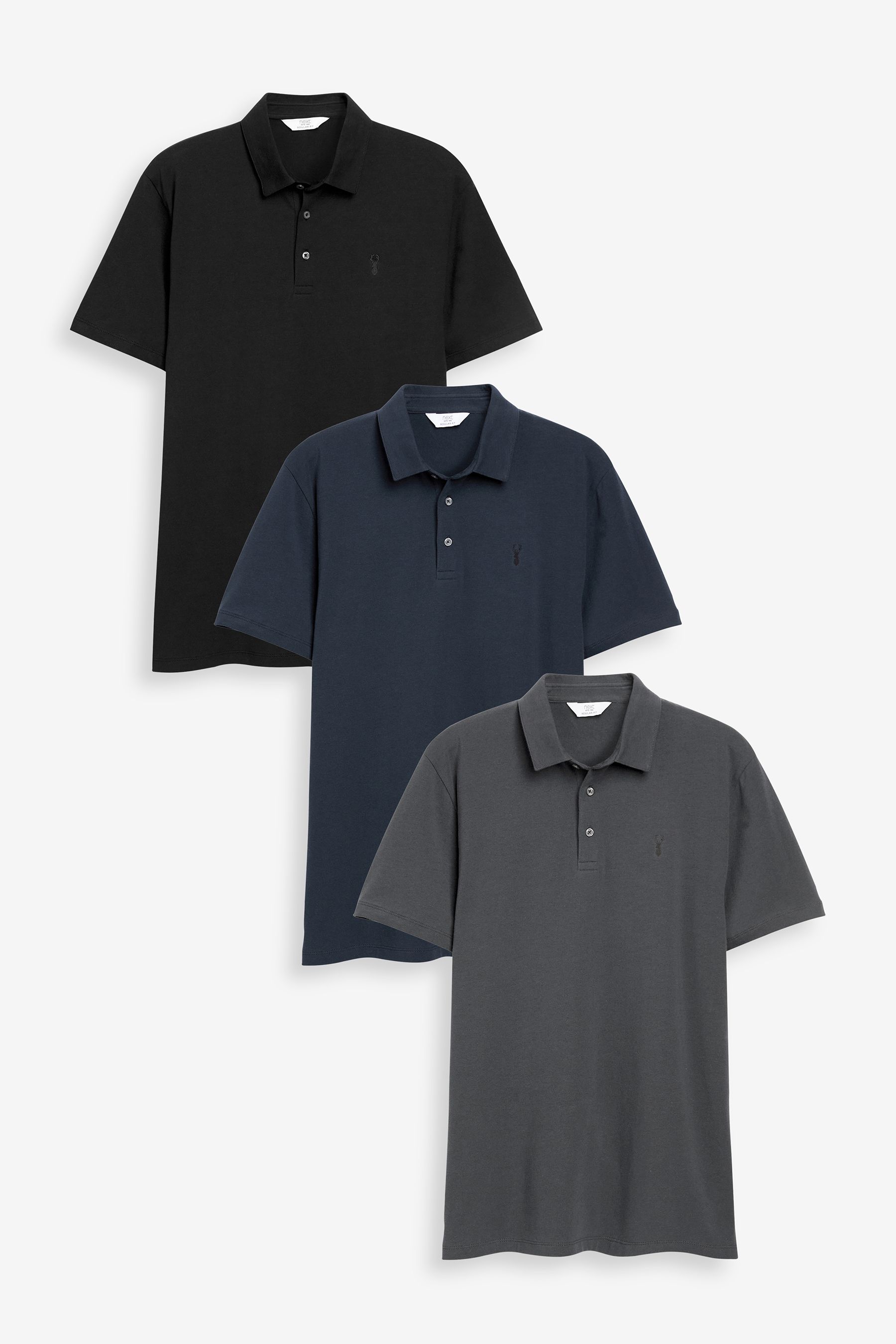 Buy Blue Grey Black Regular Fit Short Sleeve Jersey Polo Shirts 3 Pack from the Next UK online shop