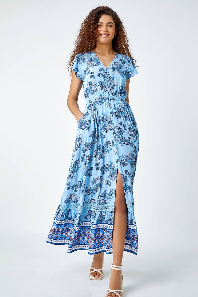 Roman Blue Floral Print Shirred Waist Maxi Dress - Image 1 of 5