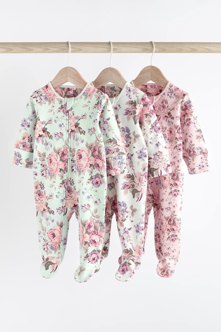 Floral Baby Two Way Zip Sleespuits 3 Pack (0-2yrs) - Image 1 of 16