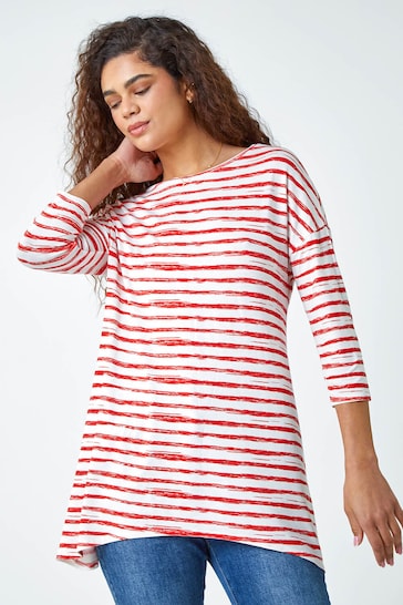 Roman Red/White Abstract Stripe Print Stretch Top