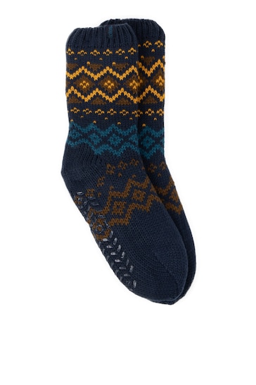 Totes Fairisle Mens Fair Isle Slipper Socks With Fleece Lining