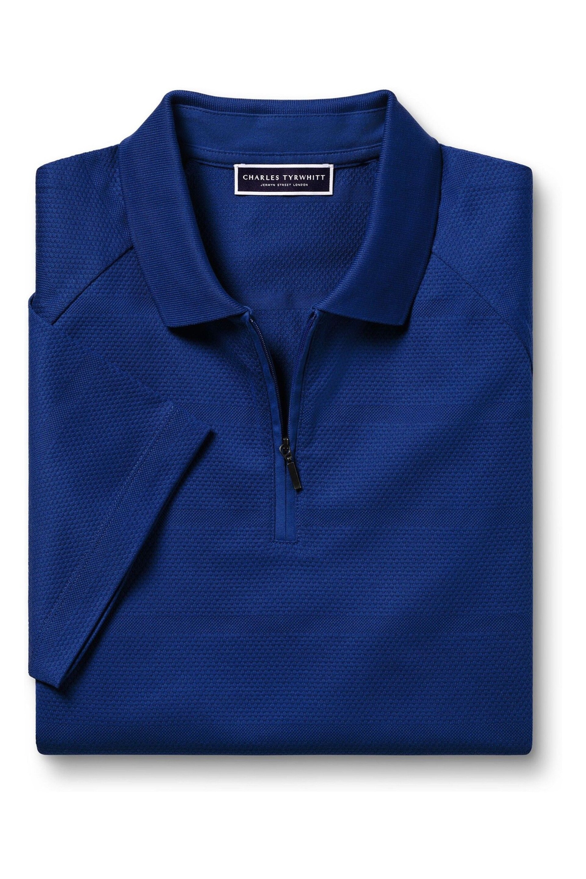 Charles Tyrwhitt Blue Popcorn Textured Stripe Tyrwhitt Cool Zip Neck Polo Shirt - Image 3 of 5