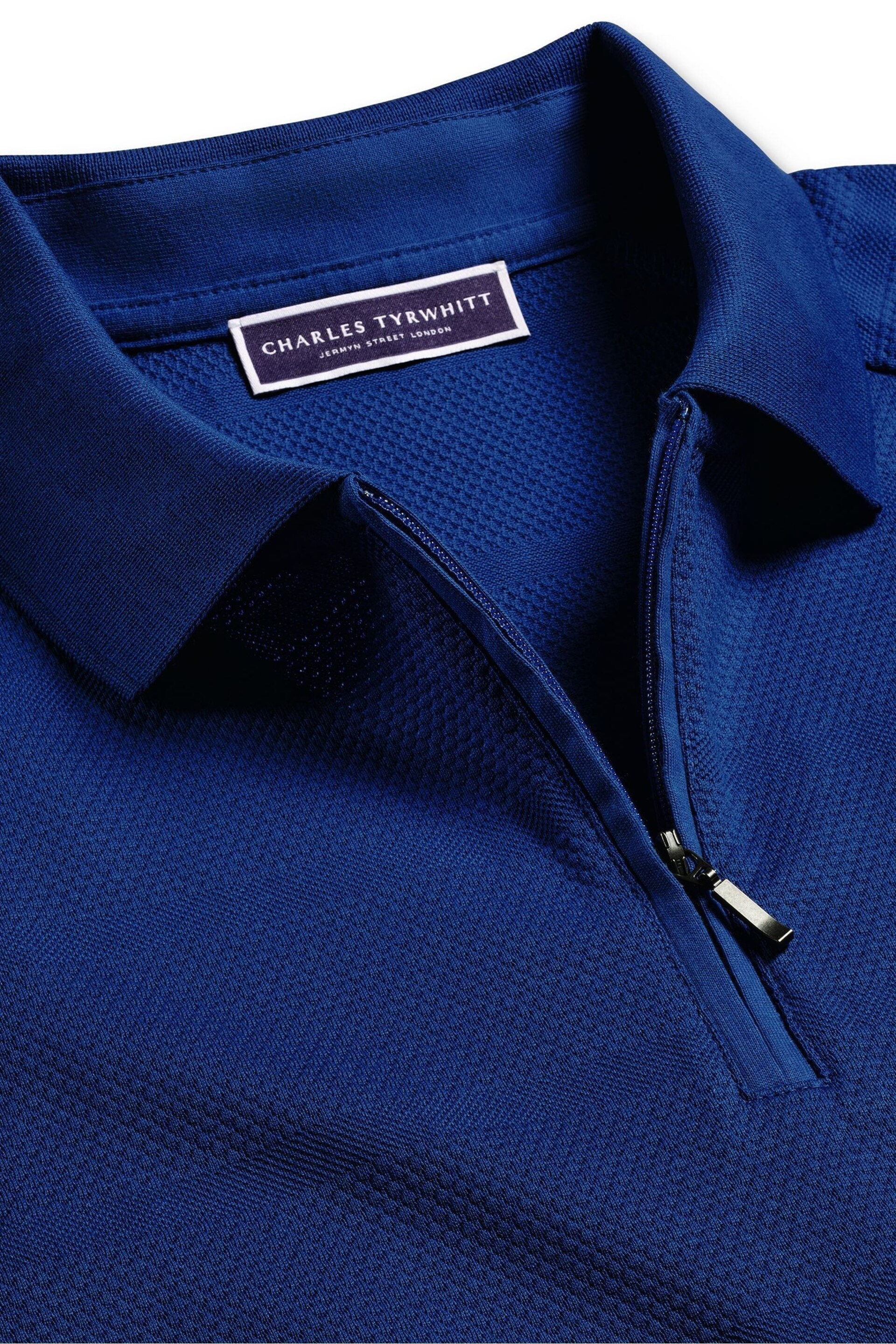 Charles Tyrwhitt Blue Popcorn Textured Stripe Tyrwhitt Cool Zip Neck Polo Shirt - Image 4 of 5