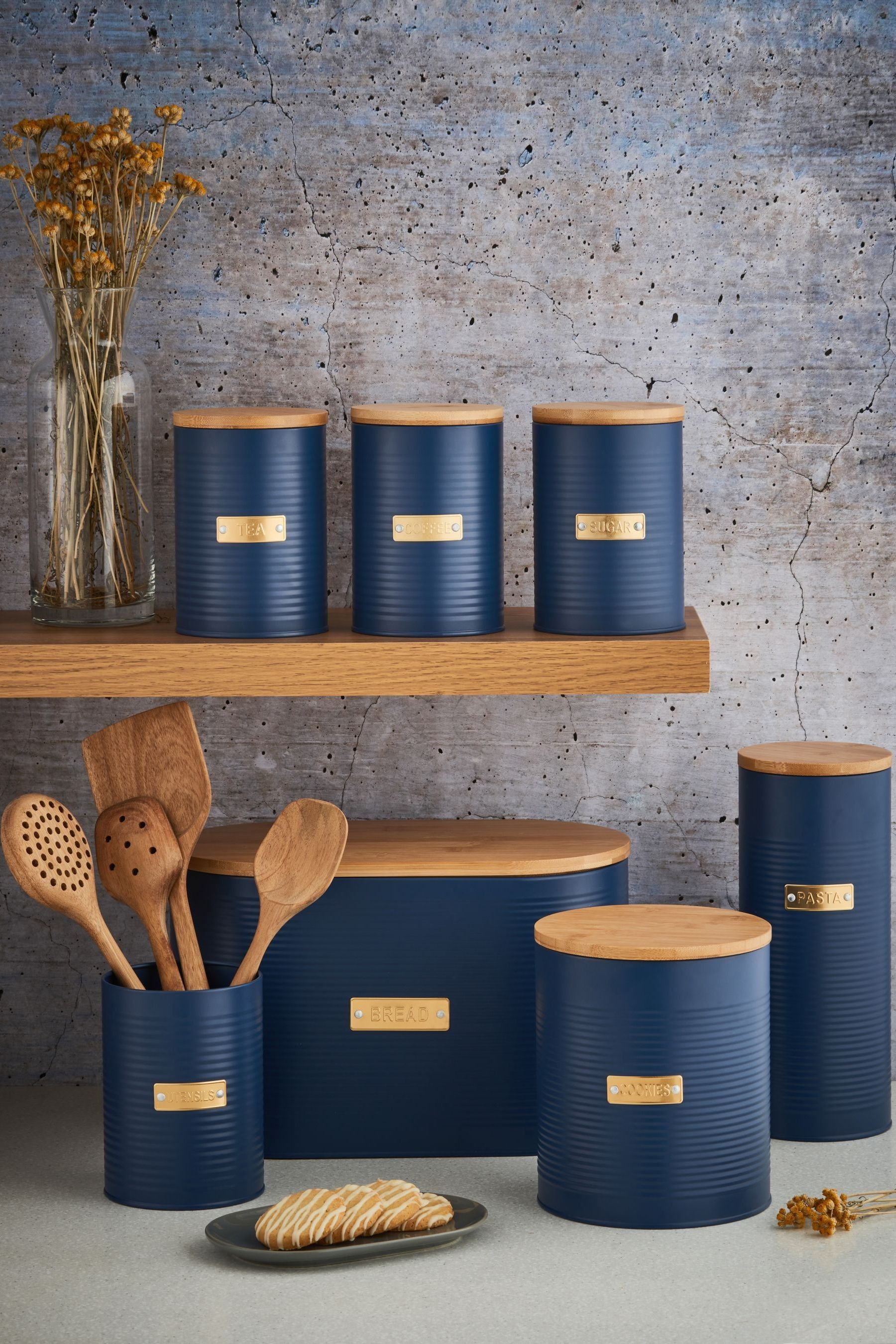 Dark blue tea coffee top sugar canisters