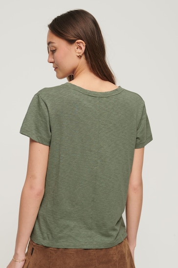 Superdry Olive Green Slub Embroidered V-Neck T-Shirt