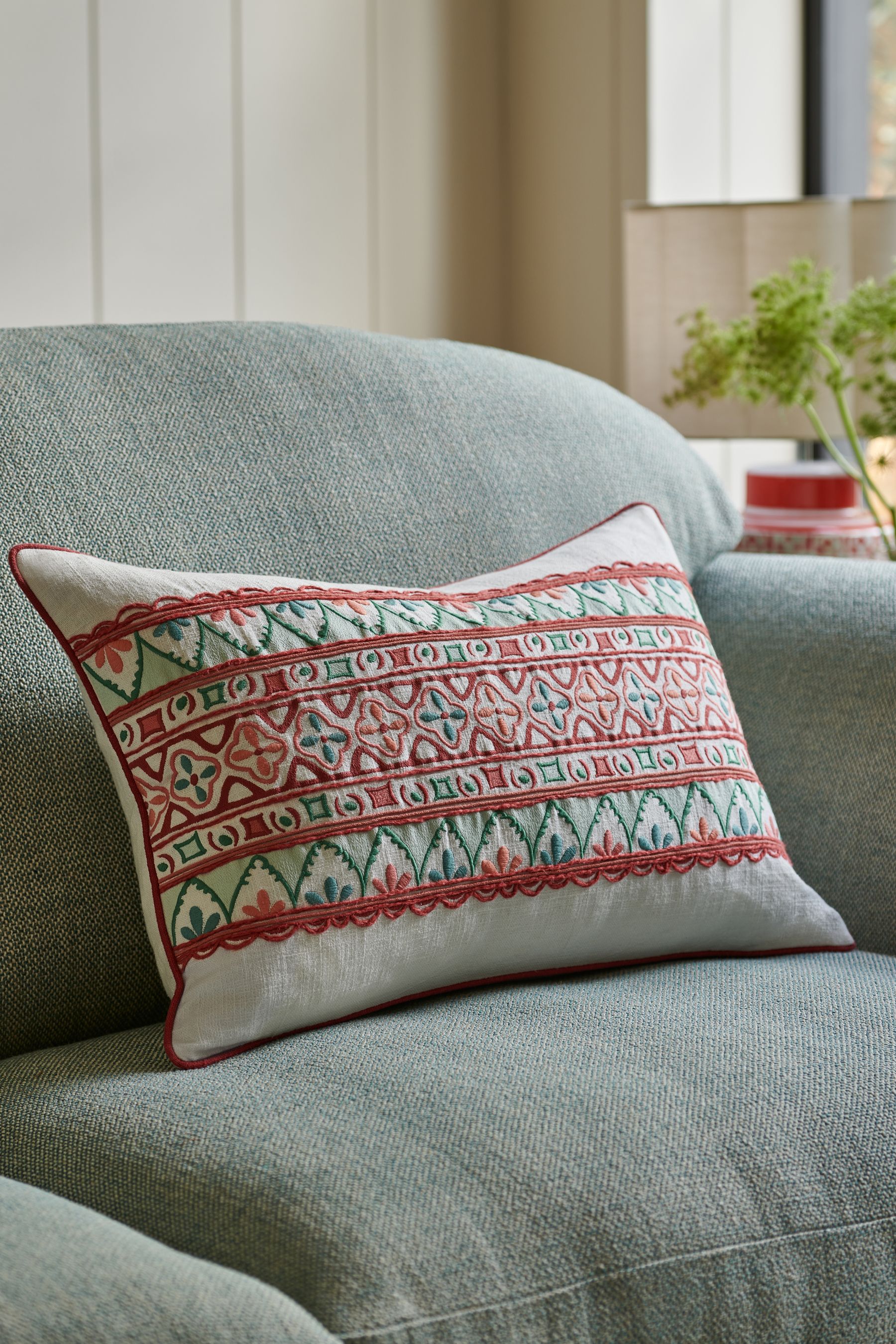 Nina Campbell Coral Pink Obi Embroidered Cushion