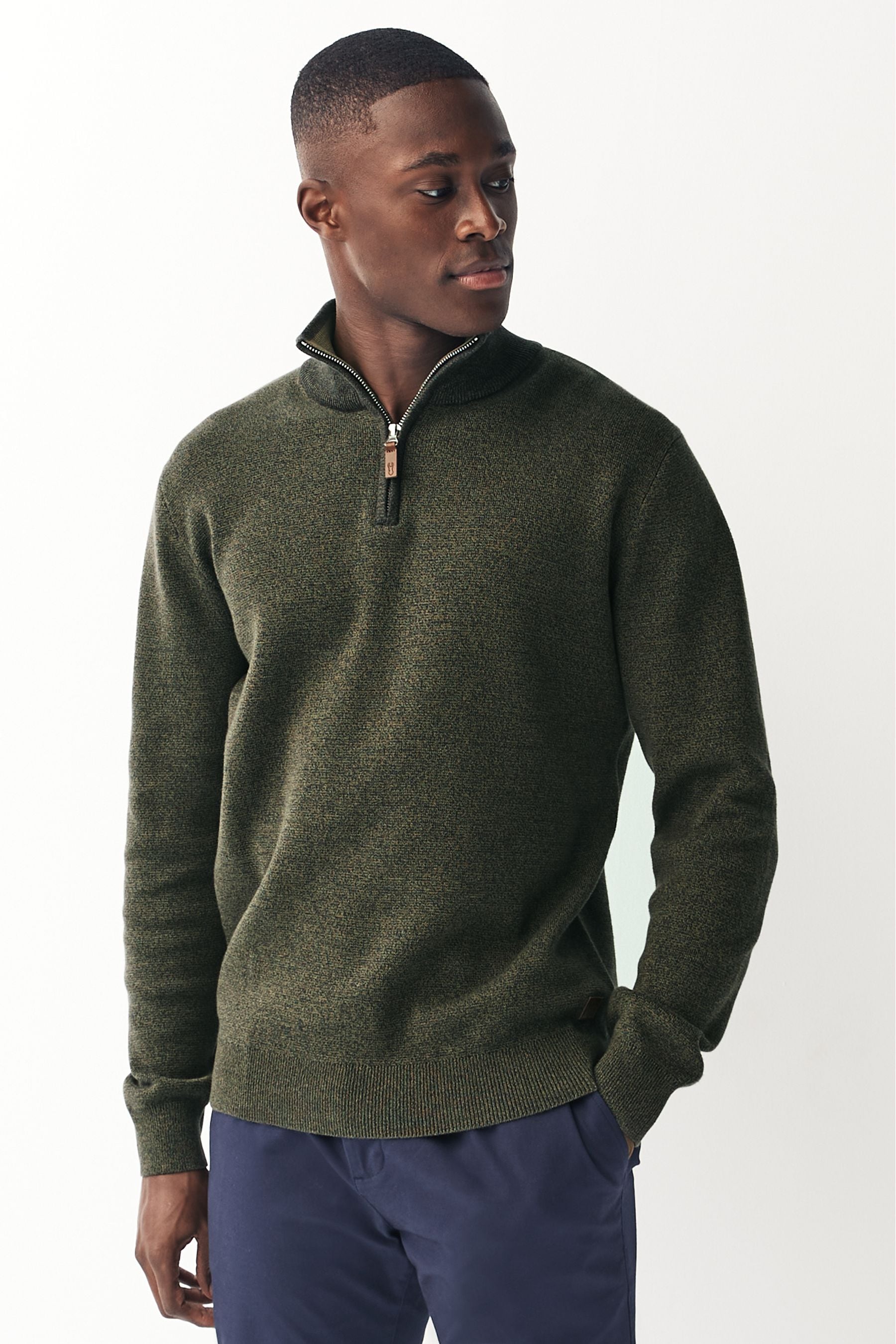 Olive Green Zip Neck Regular Cotton Premium Zip Neck Jumper