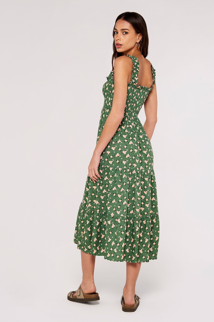 Apricot Green Multi Ditsy Floral Smocked Midi Dress - Image 2 of 4