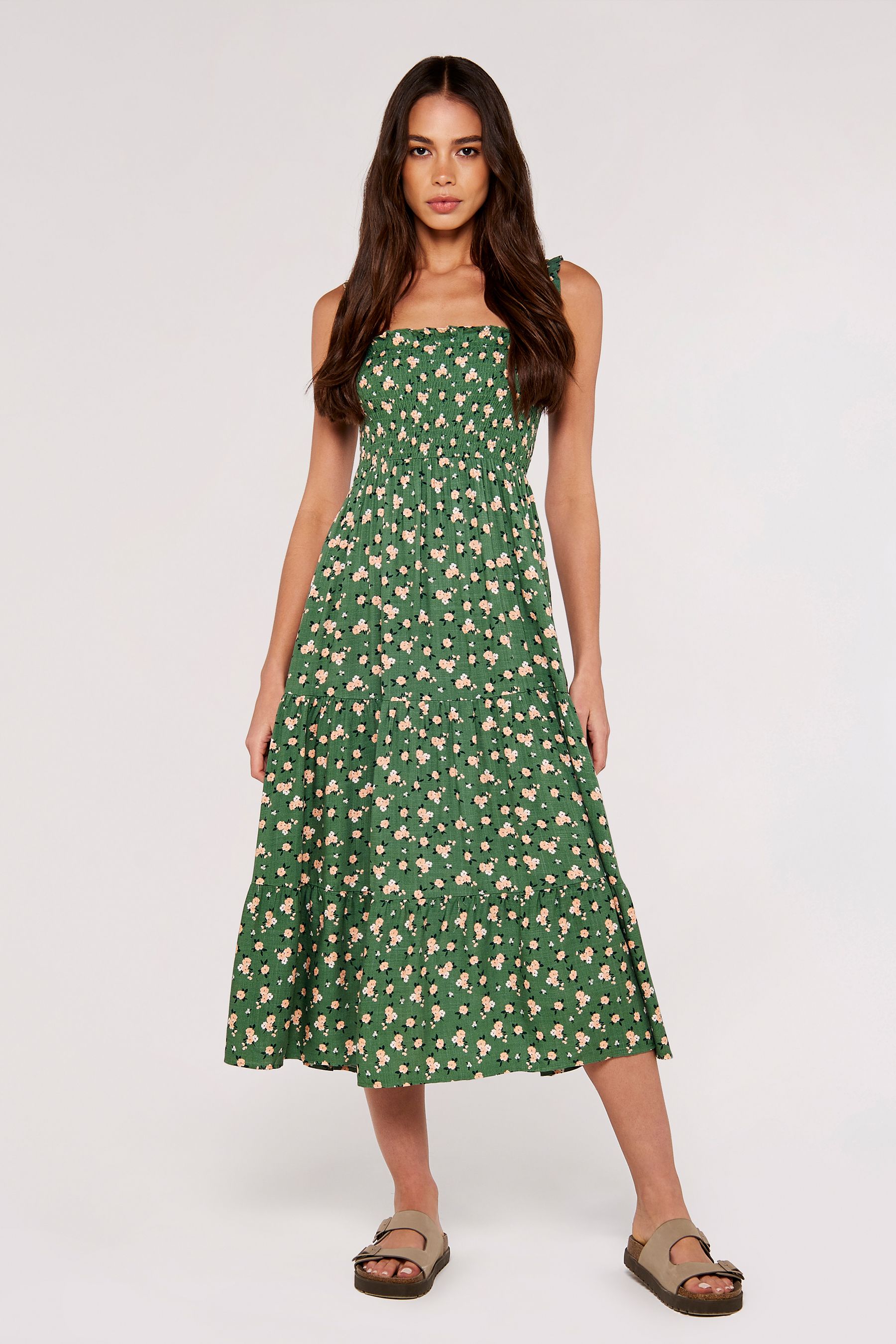 Apricot Green Multi Ditsy Floral Smocked Midi Dress