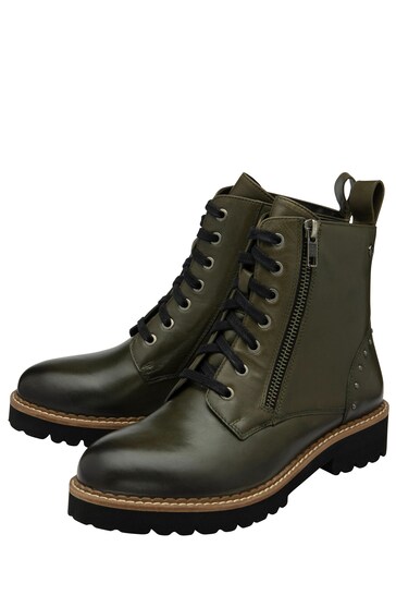 Lotus Green Leather Zip-Up Ankle Trekker Boots