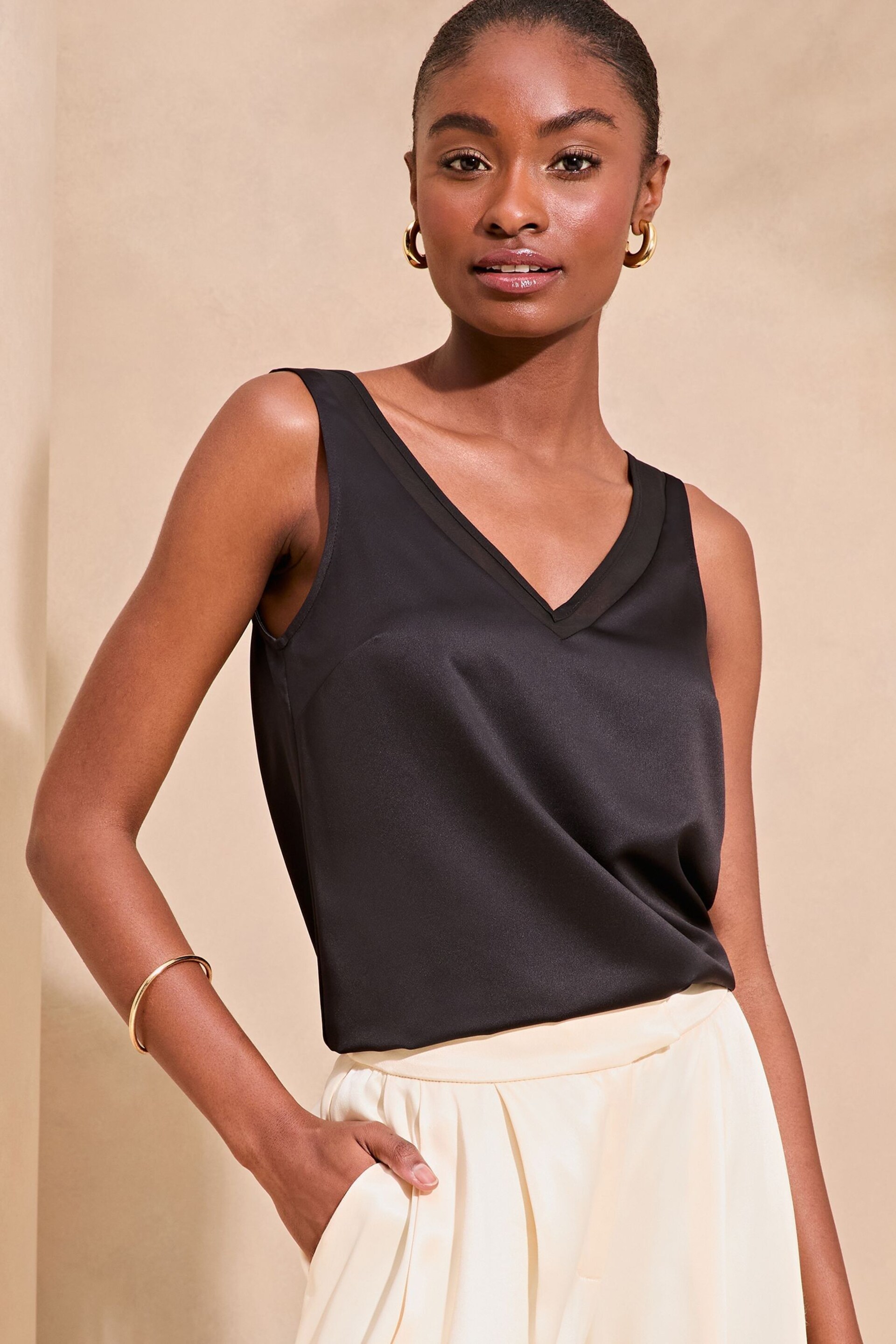 Lipsy Black Chiffon Panel V Neck Camis - Image 1 of 4