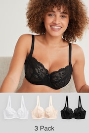 Black/White/Nude Non Pad Balcony DD+ Lace Bras 3 Pack - Image 1 of 7