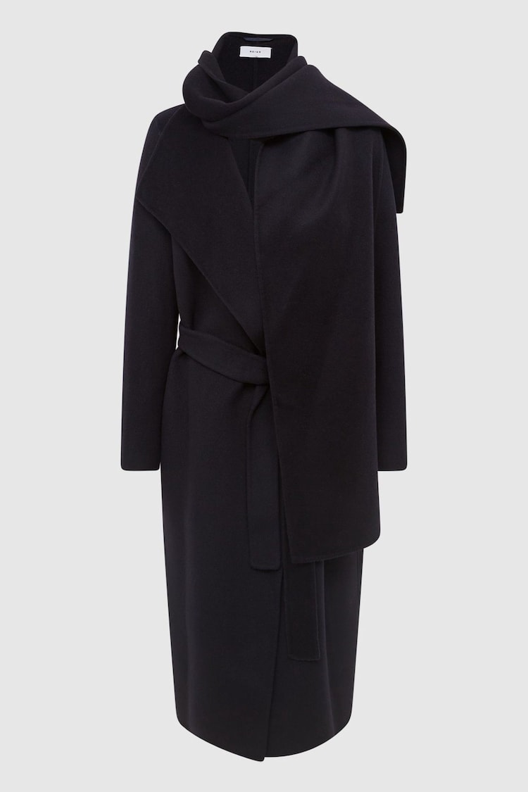 Reiss Navy Valentina Wool Scarf Blindseam Longline Coat - Image 2 of 8