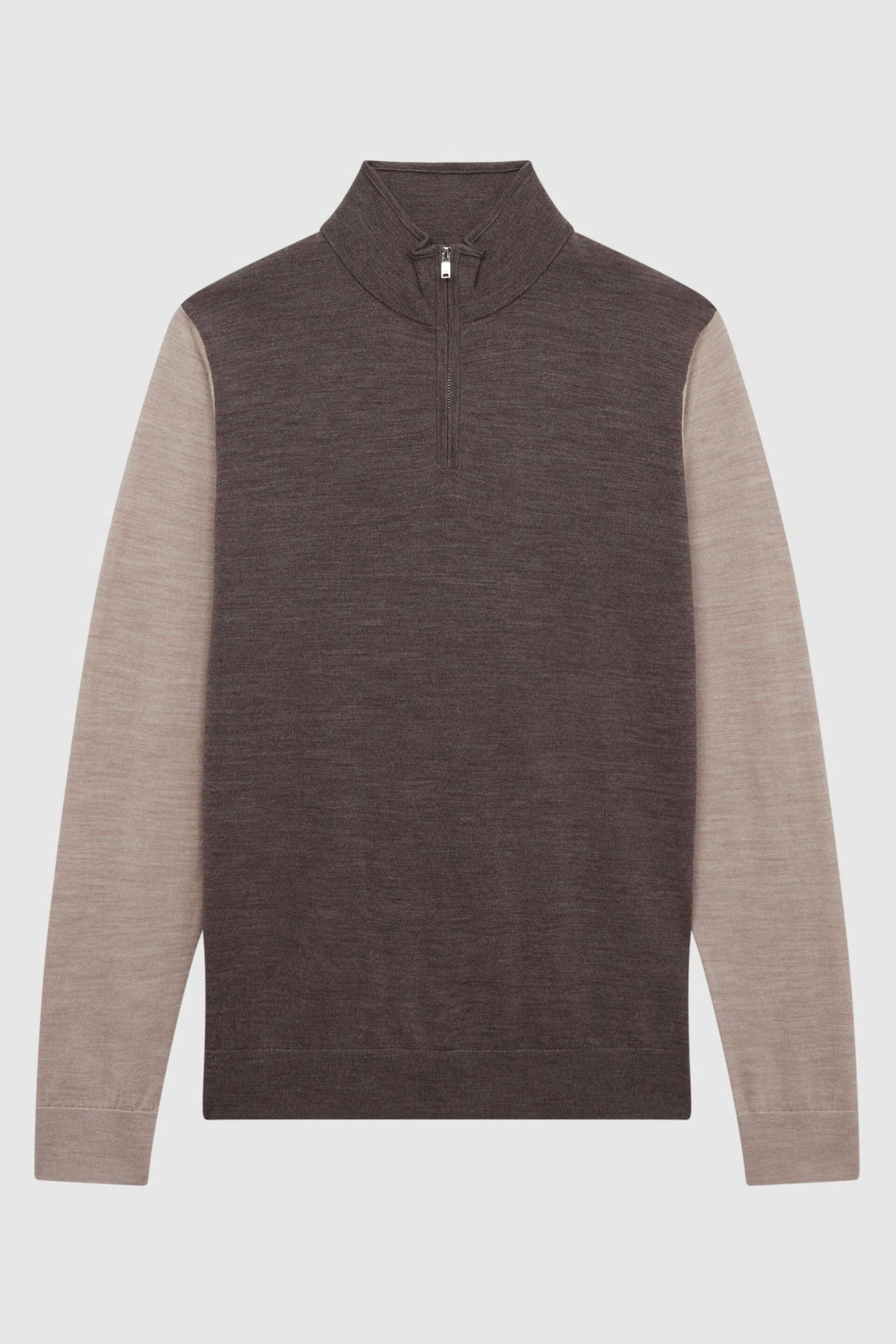 Reiss Mouse Brown / Wheat Melange Omar Merino Colourblock Half Zip Jumper - Image 2 of 7