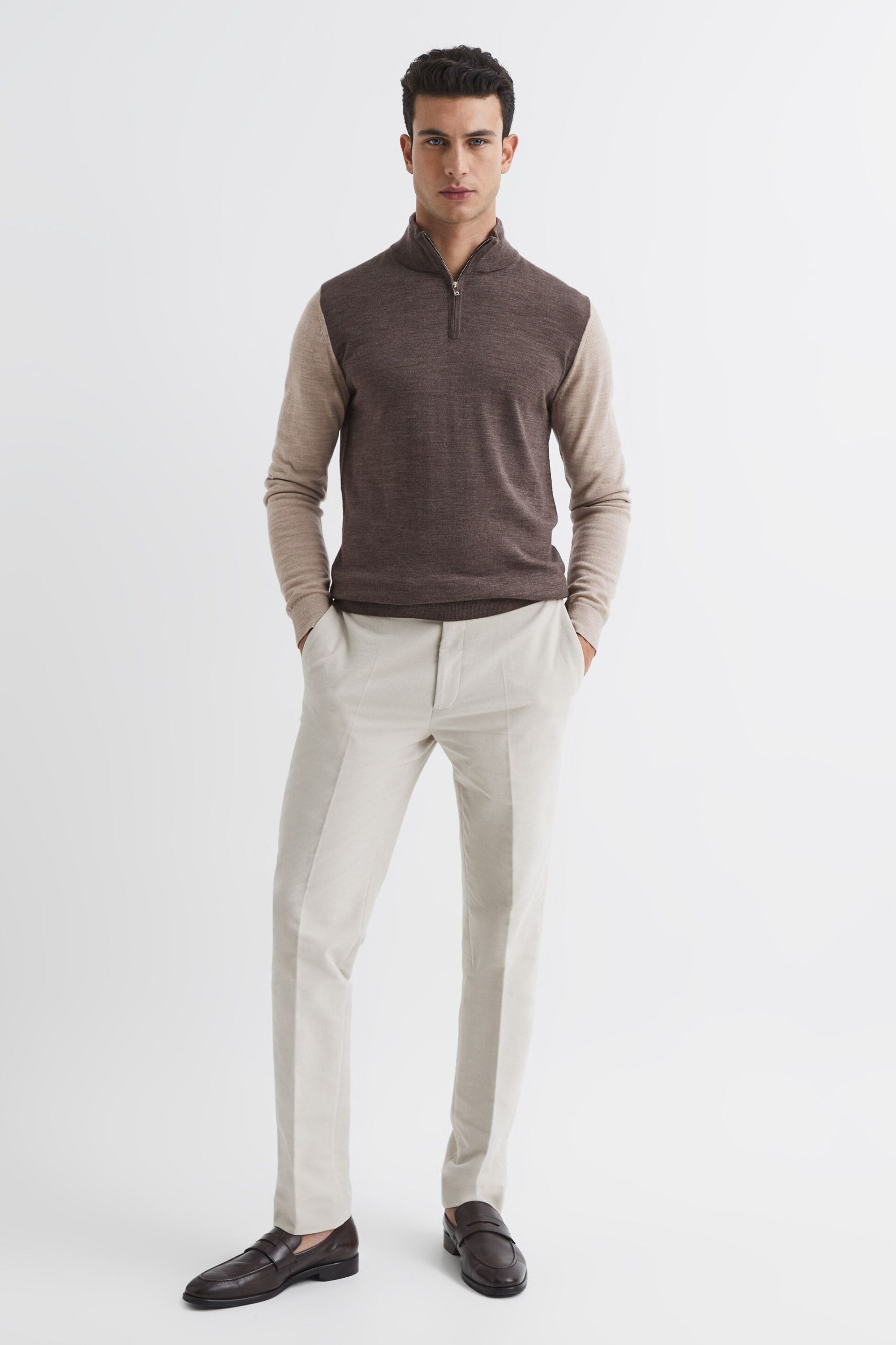 Reiss Mouse Brown / Wheat Melange Omar Merino Colourblock Half Zip Jumper - Image 3 of 7