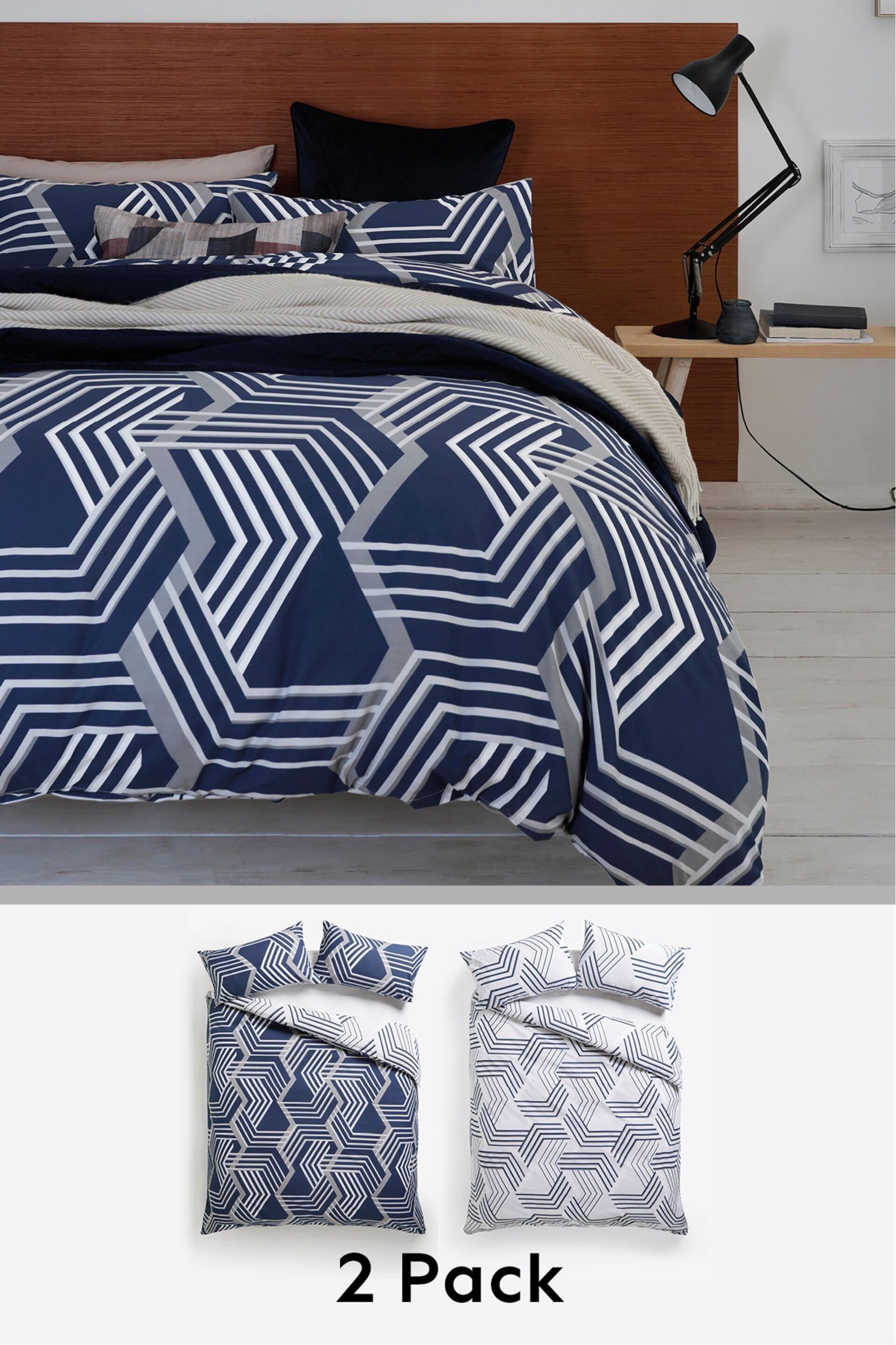 2 Pack Navy Geo Reversible Duvet Cover and Pillowcase Set - Image 1 of 13