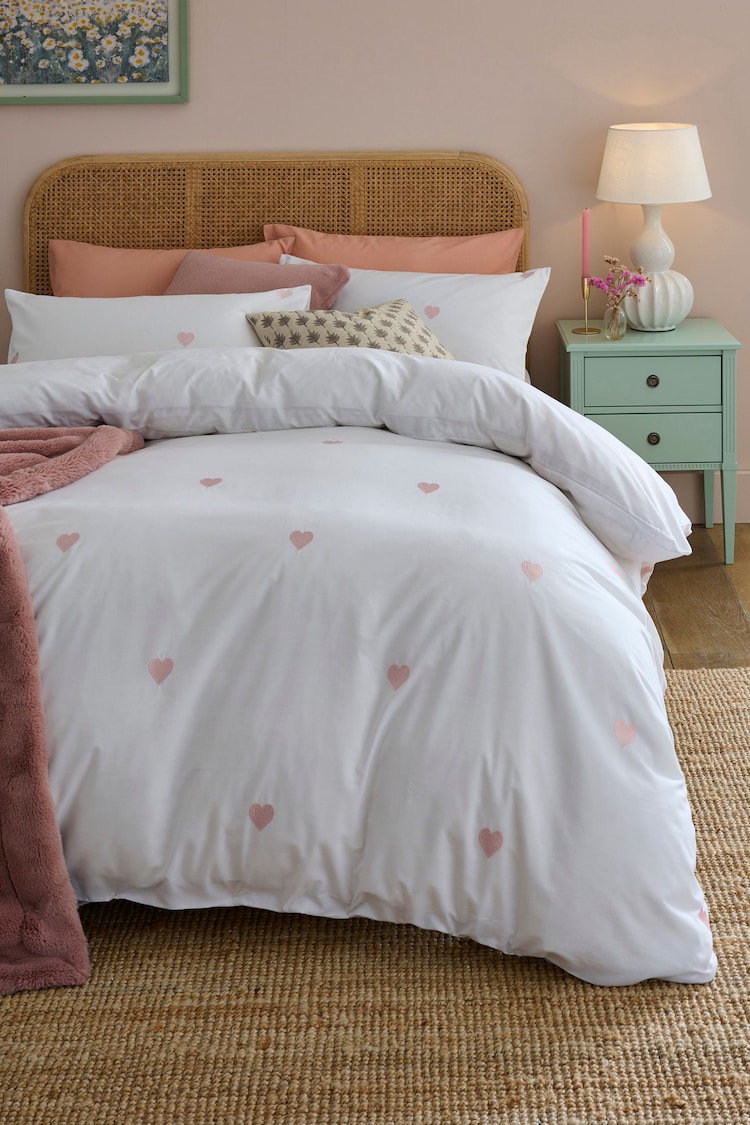 White With Pink Hearts Embroidered Duvet Cover and Pillowcase Set - Image 1 of 4