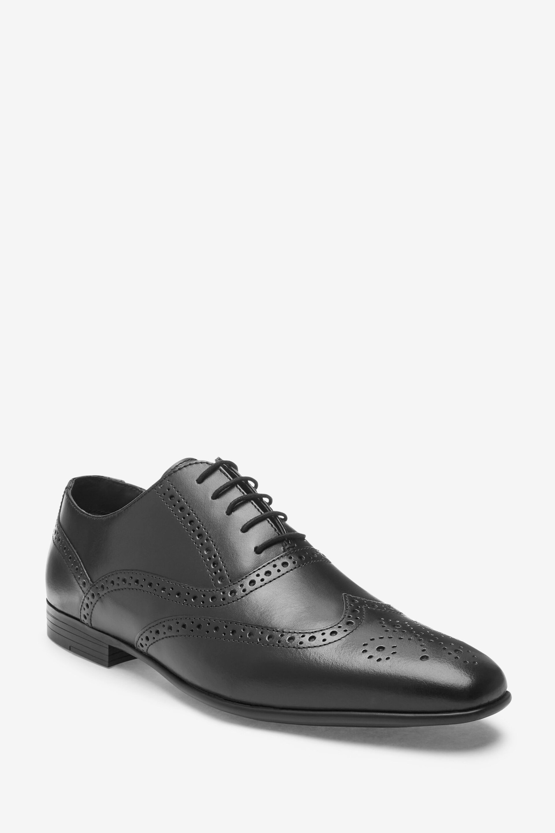 Black Wide Fit Leather Oxford Brogue Shoes - Image 2 of 6