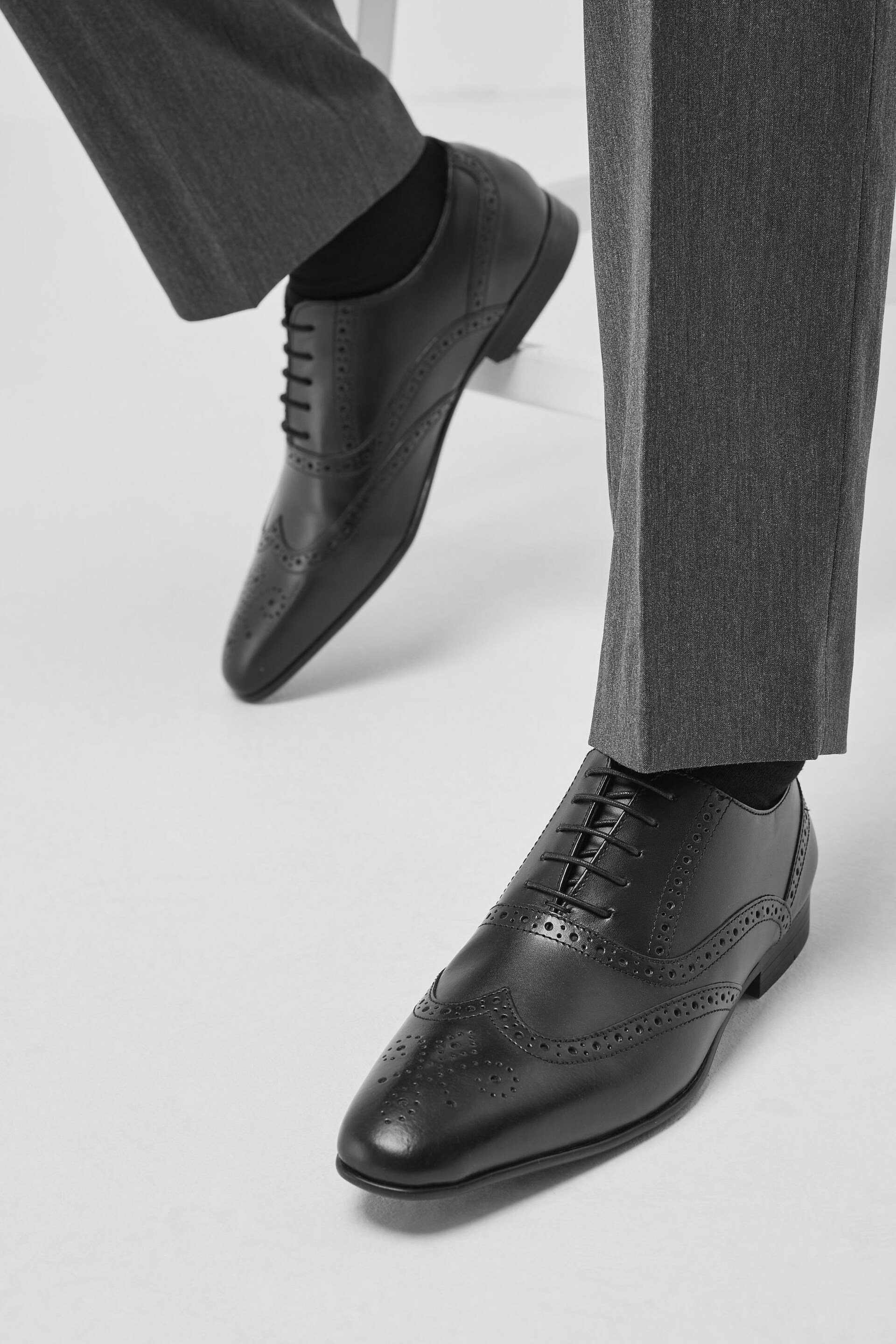 Black Wide Fit Leather Oxford Brogue Shoes - Image 5 of 6