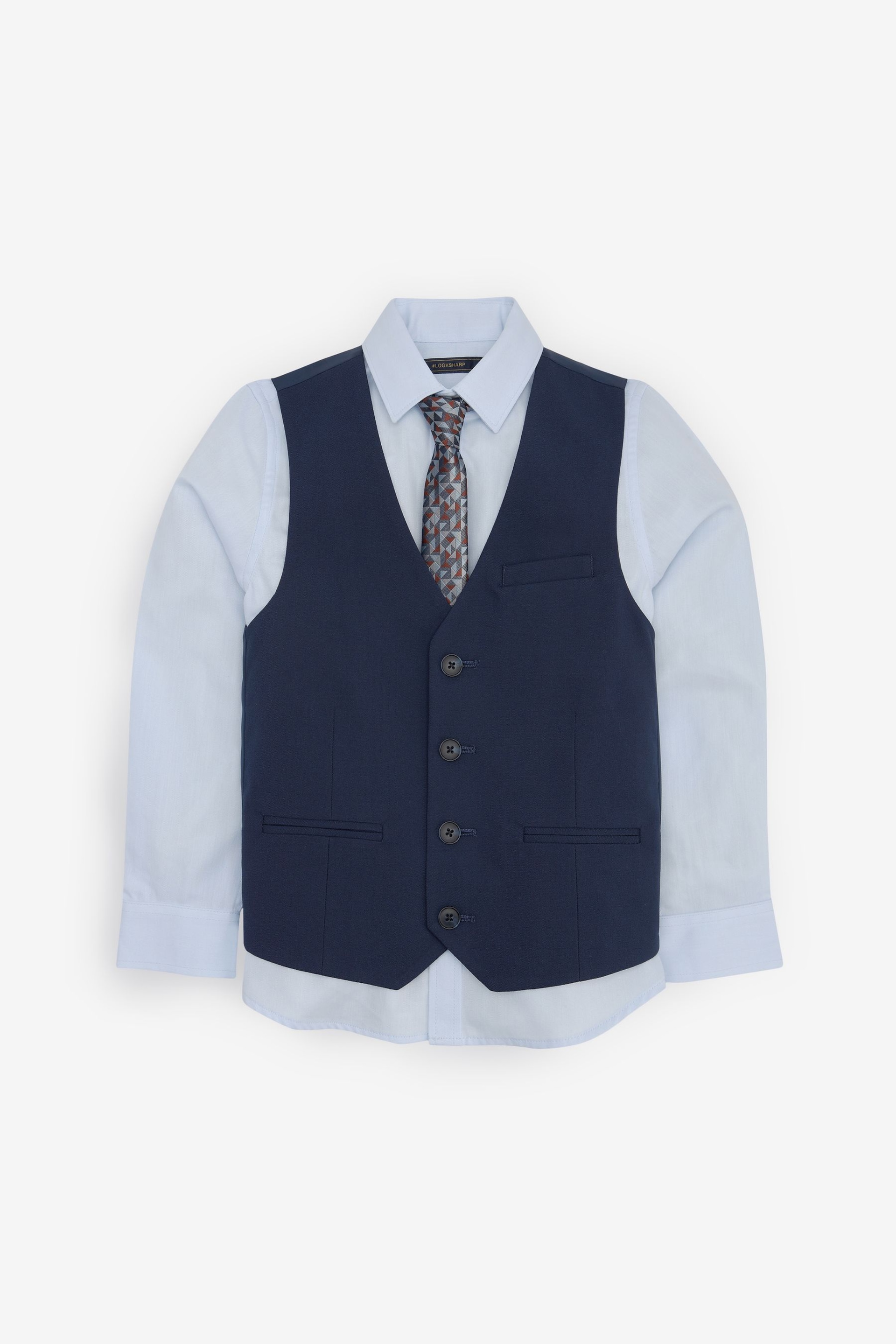Navy Blue Waistcoat, Blue Shirt & Tie Set Waistcoat (12mths-16yrs) - Image 4 of 6