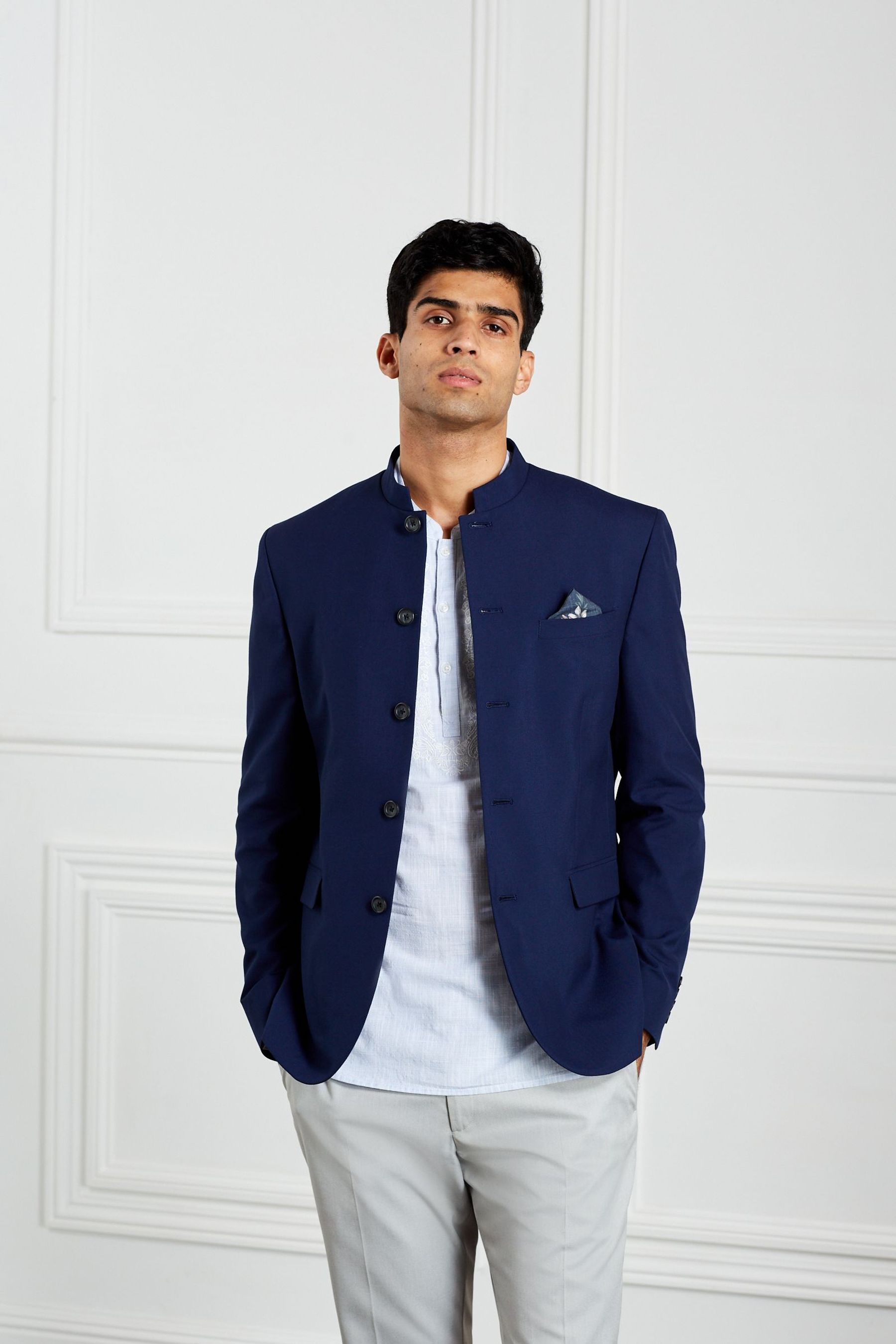 Buy Blue Slim Nehru Collar Suit Jacket from Next Luxembourg