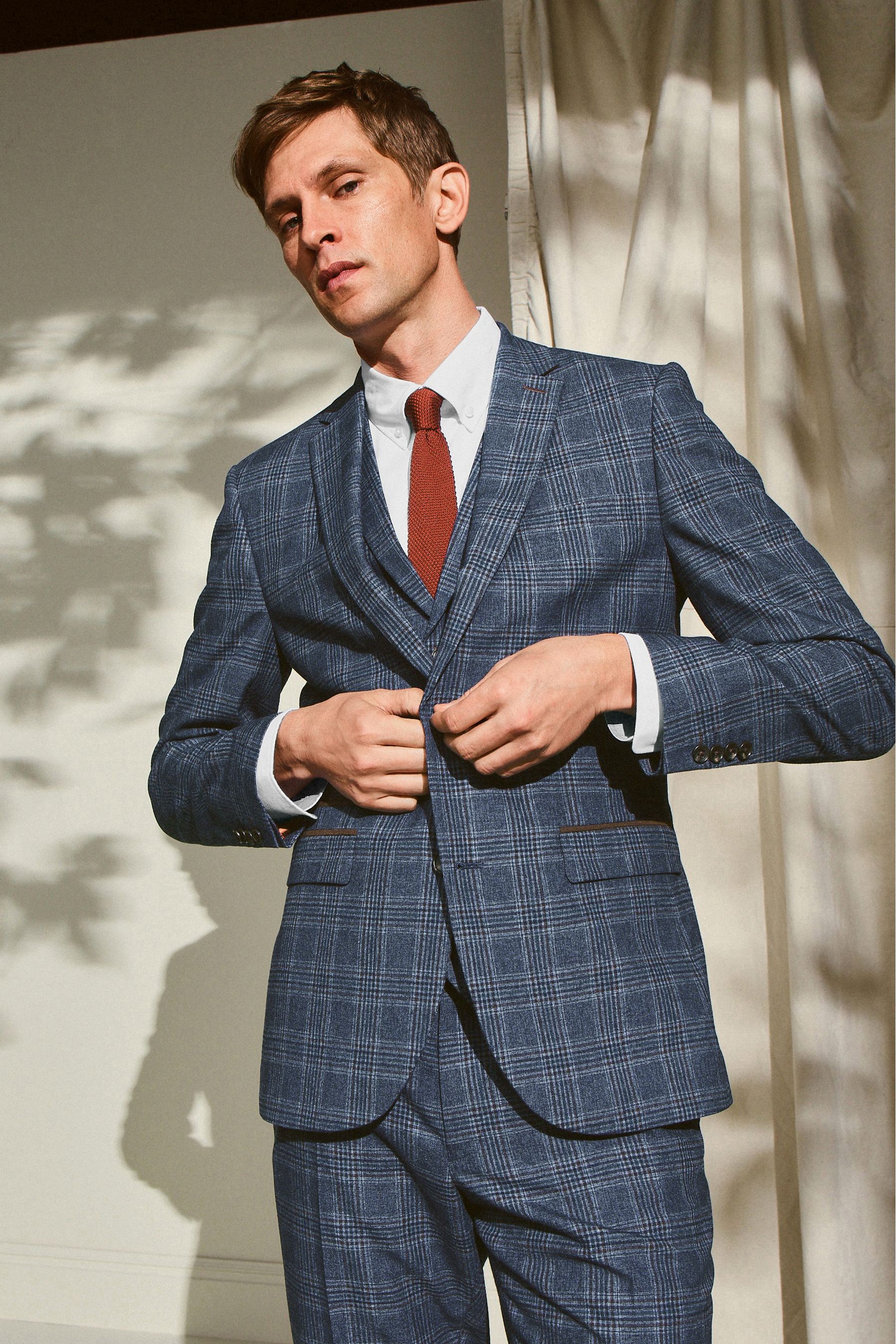 Navy check skinny fit suit clearance