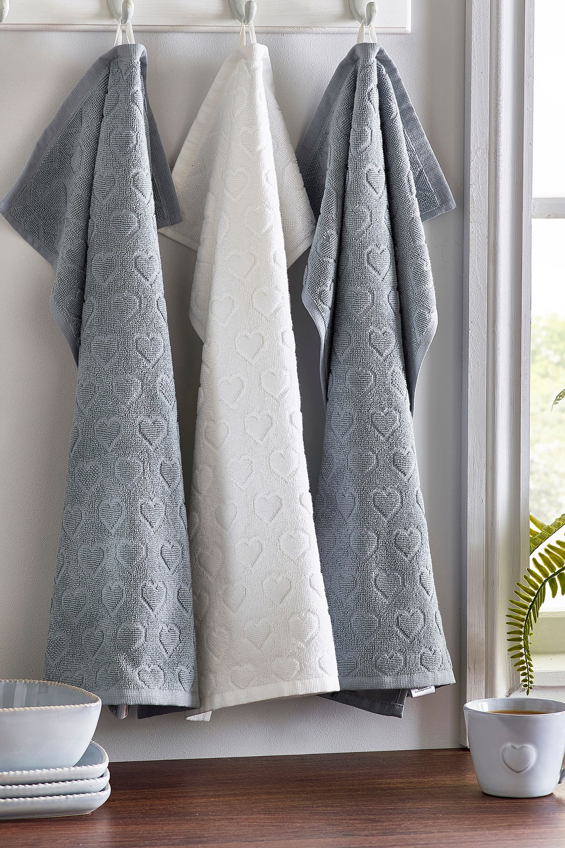 Grey Hearts Terry 100 Cotton Set of 3 Tea Towels