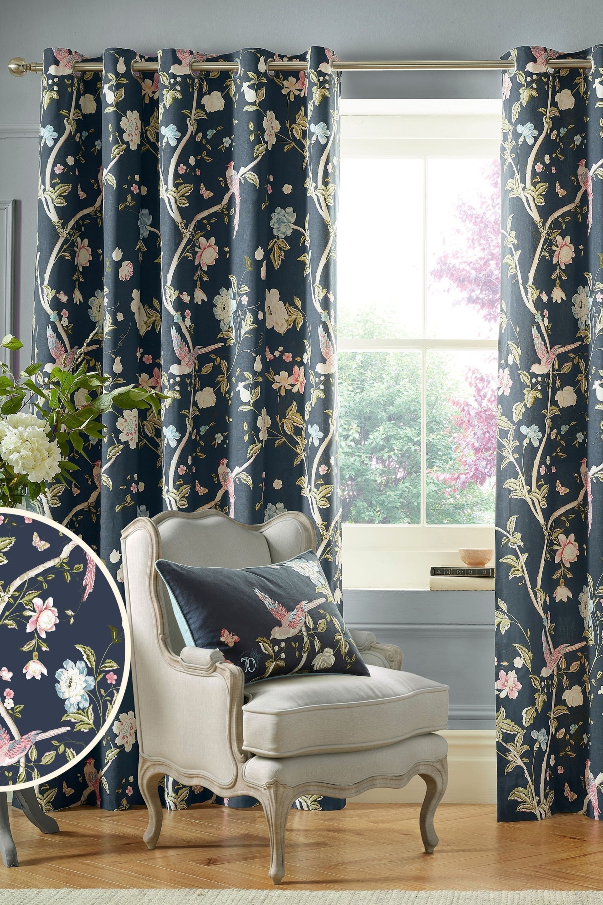 Laura Ashley Midnight Blue Summer Palace Eyelet Curtains - Image 2 of 2