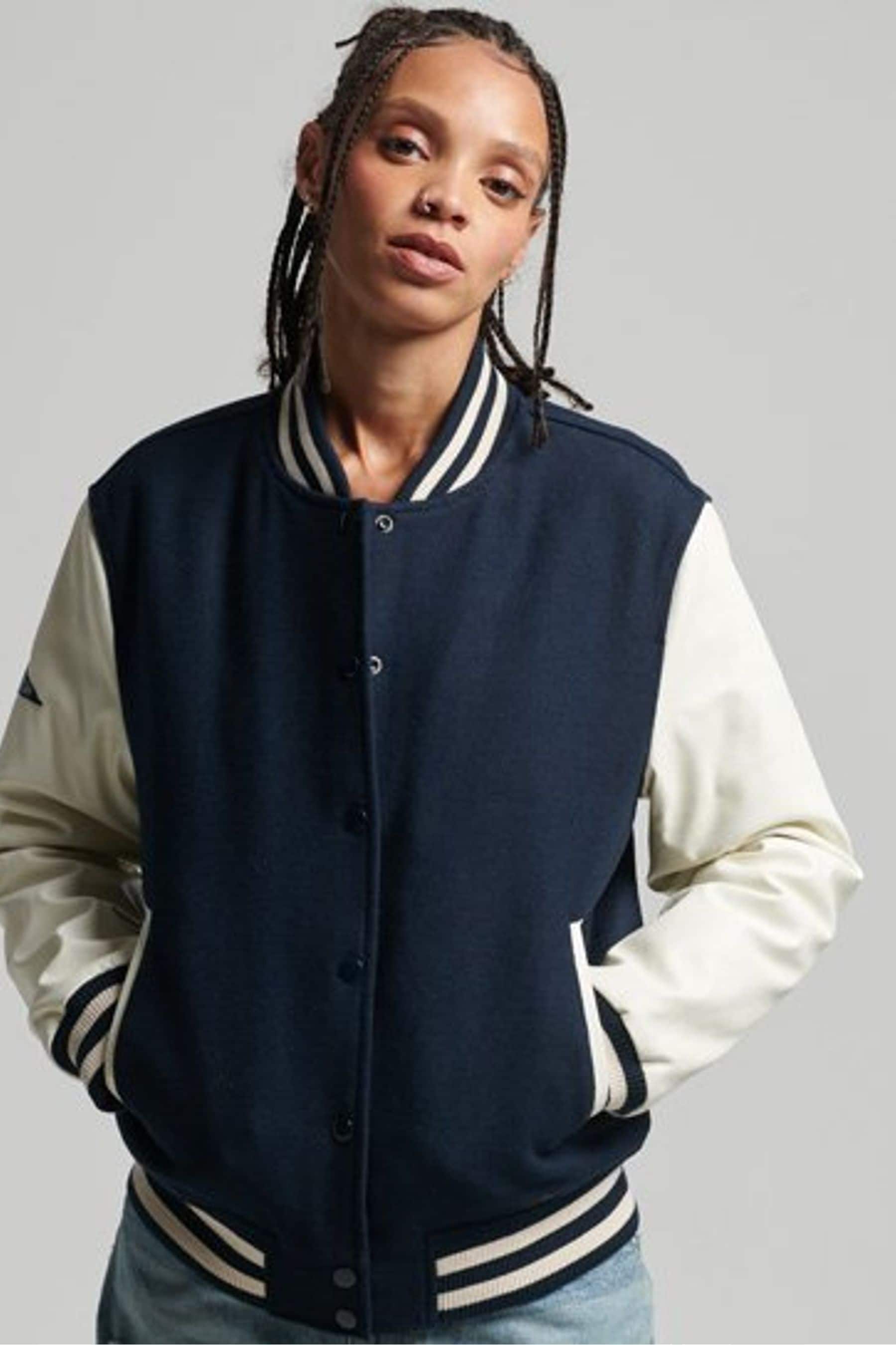Buy Superdry Blue White College Varsity Bomber Jacket from Next Luxembourg