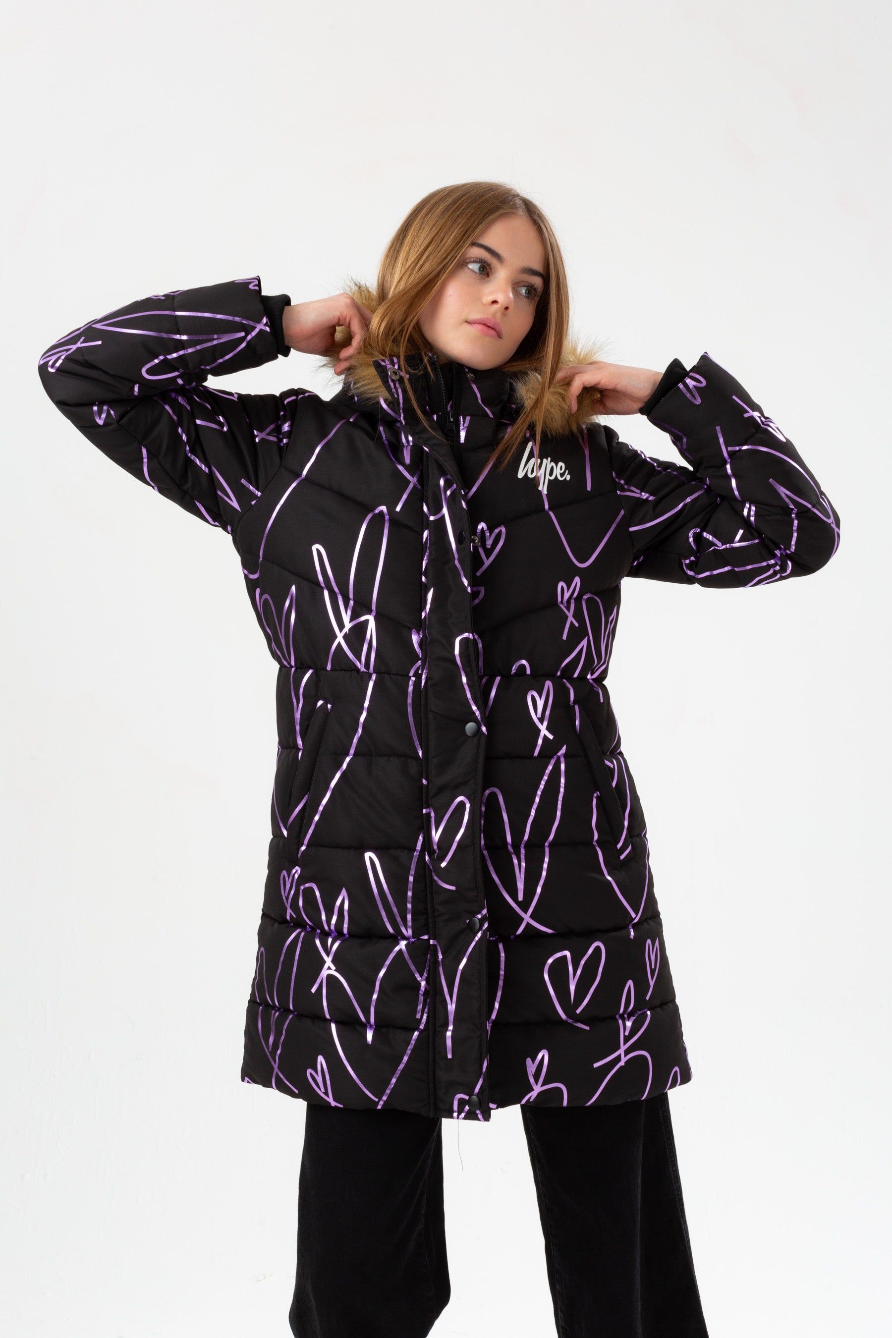 Buy Hype. Girls Black Sketch Heart Holographic Parka Script Coats from Next Lithuania
