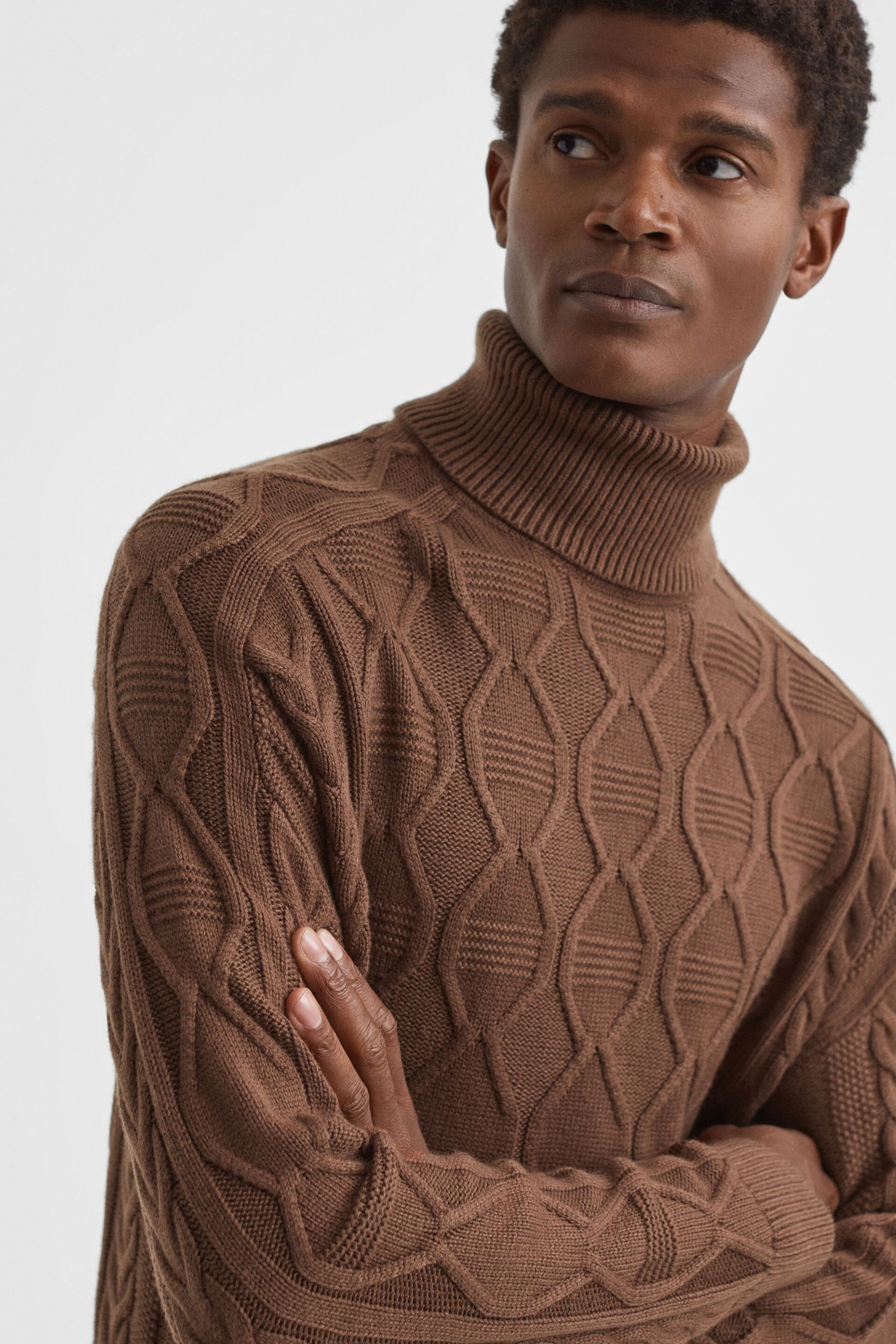 Reiss Tobacco Alston Cable Knitted Roll Neck Jumper - Image 1 of 5