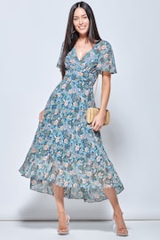 Jolie Moi Blue & Pink Floral Pleated Chiffon High Low Maxi Dress - Image 1 of 5